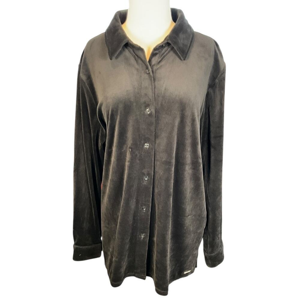 Calvin Klein Black Velvet Button Down Shirt XL Soft Stretch Long Sleeve Velour